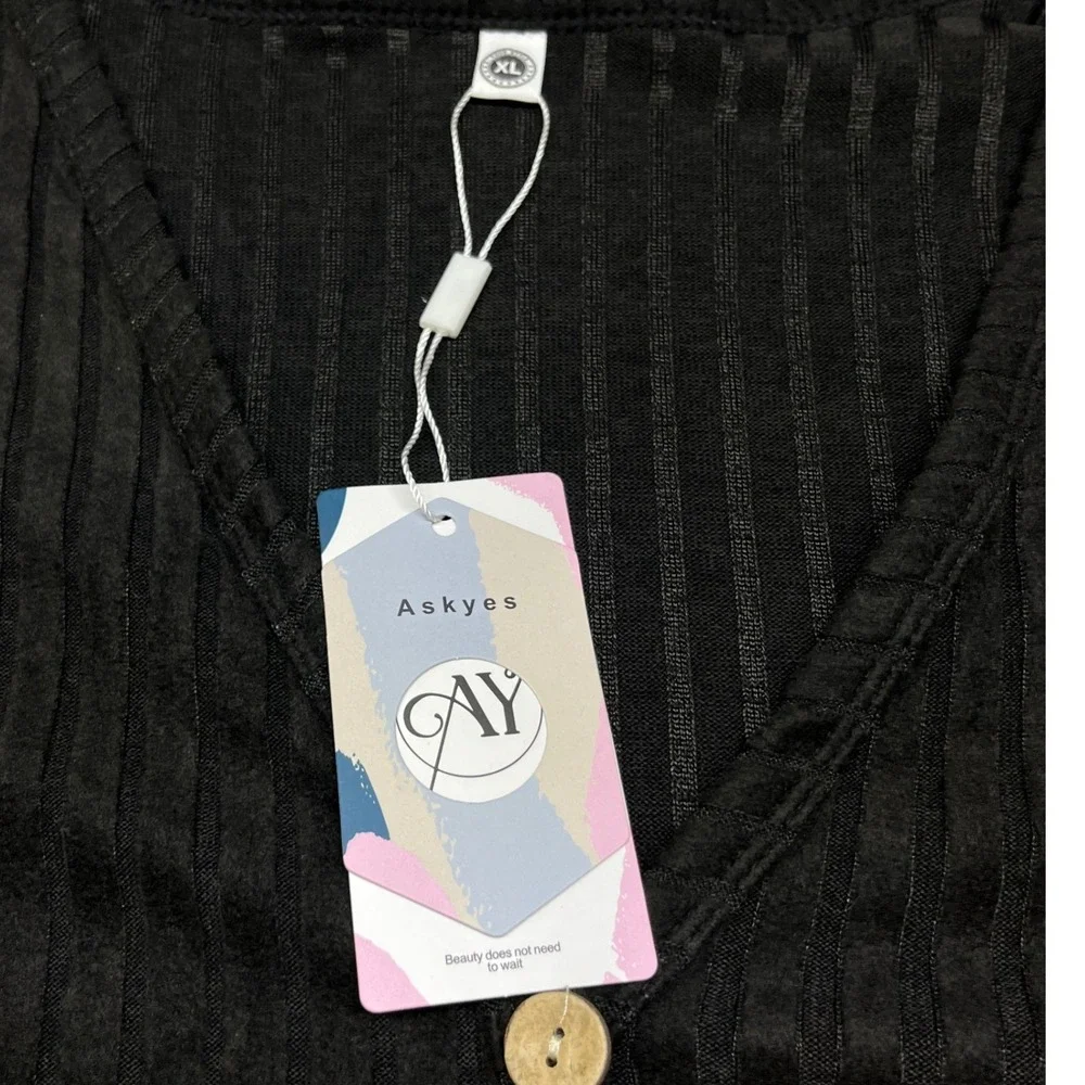 Askyes Ribbed Button Front Womens Cardigan XL Black Pockets